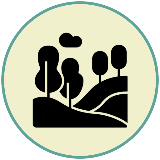 Circle icon of trees and hills in black silhouette on beige background.